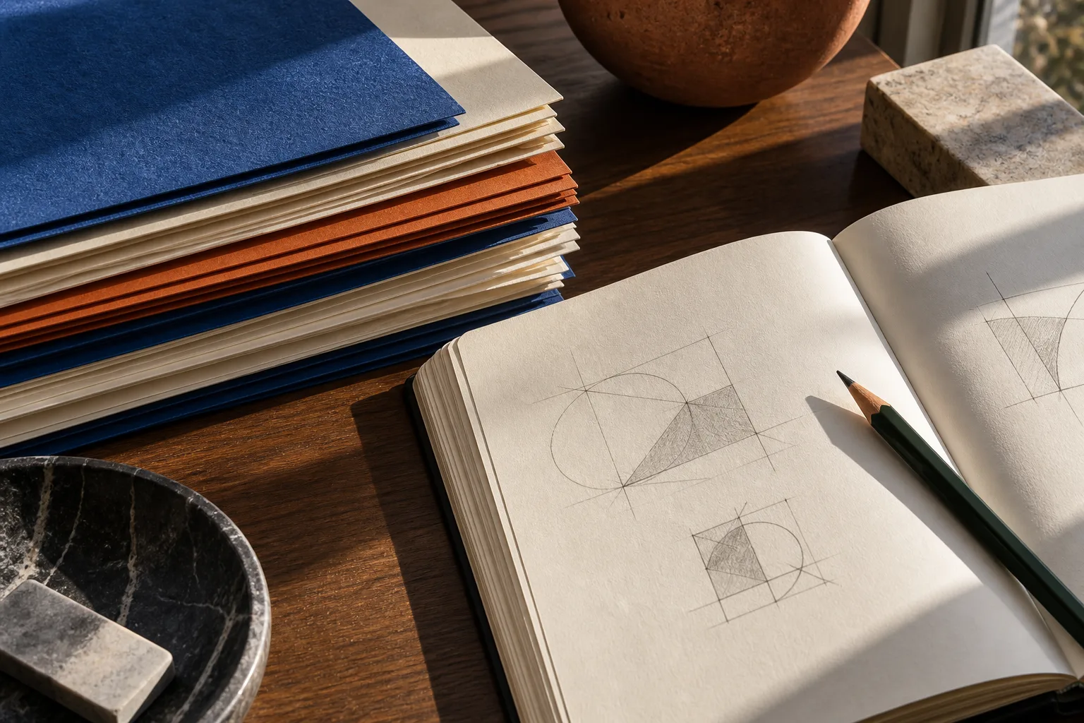 Blue and terracotta folios beside a notebook of pencil sketches